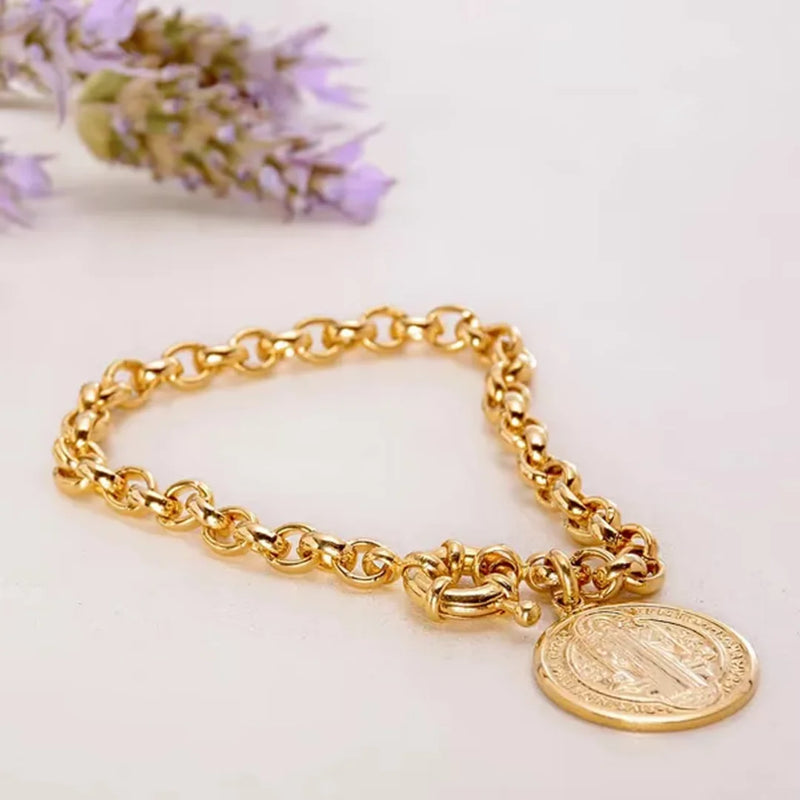 Pulseira de moedas antigas de São Bento masculinas e femininas idênticas de moedas antigas de ouro 18K