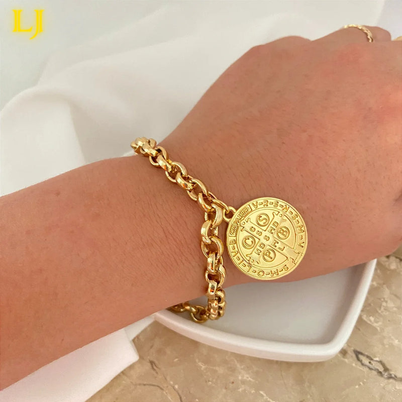Pulseira de moedas antigas de São Bento masculinas e femininas idênticas de moedas antigas de ouro 18K