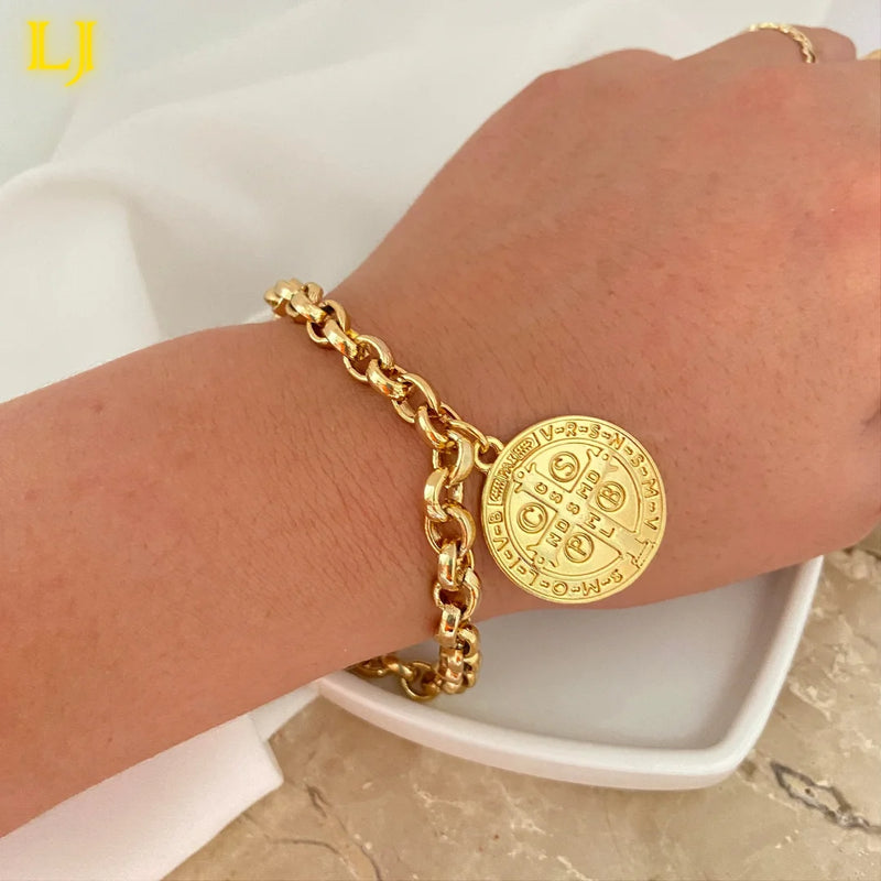 Pulseira de moedas antigas de São Bento masculinas e femininas idênticas de moedas antigas de ouro 18K