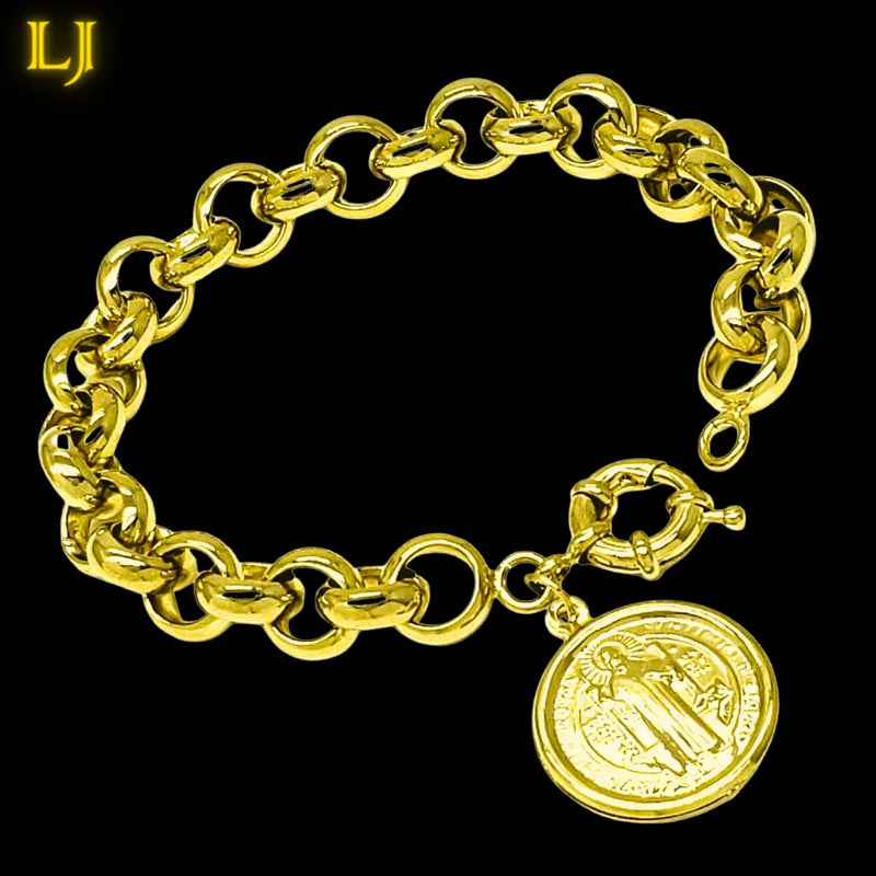 Pulseira de moedas antigas de São Bento masculinas e femininas idênticas de moedas antigas de ouro 18K