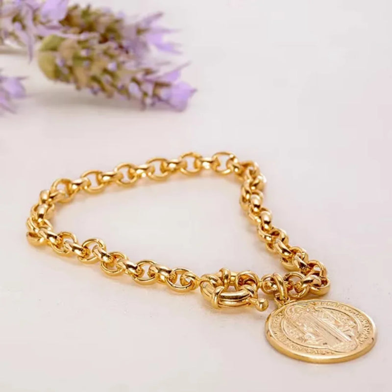 Pulseira de moedas antigas de São Bento masculinas e femininas idênticas de moedas antigas de ouro 18K