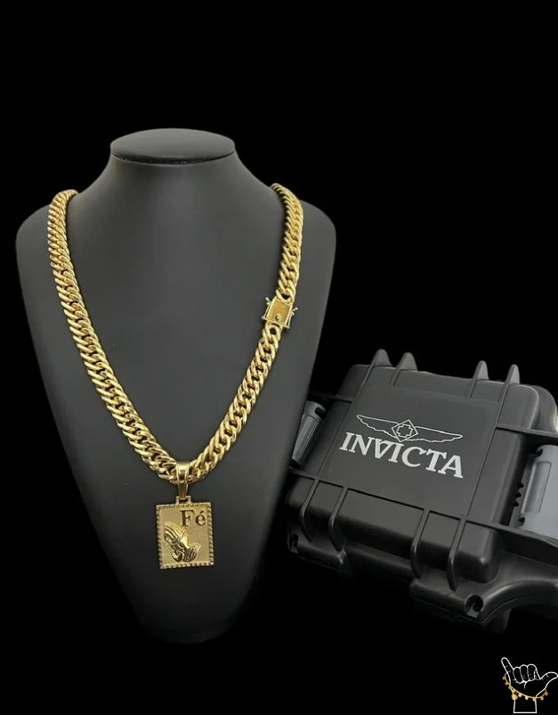 KIT RELÓGIO INVICTUS + CORRENTE (13mm) + PINGENTE-BANHADO A OURO 18K