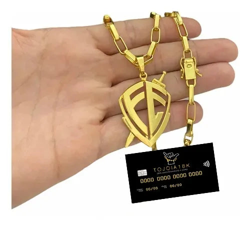 Cordão banhado a ouro 18K modelo tijolo 6mm com pingente fé