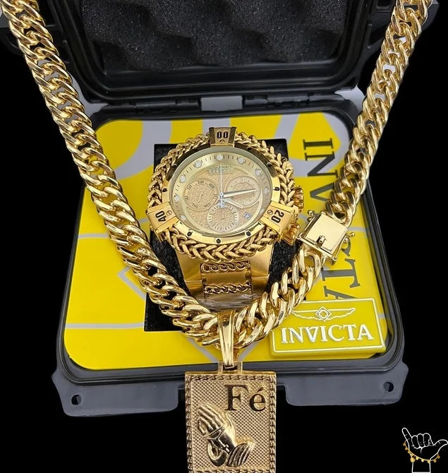KIT RELÓGIO INVICTUS + CORRENTE (13mm) + PINGENTE-BANHADO A OURO 18K