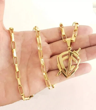 Cordão banhado a ouro 18K modelo tijolo 6mm com pingente fé