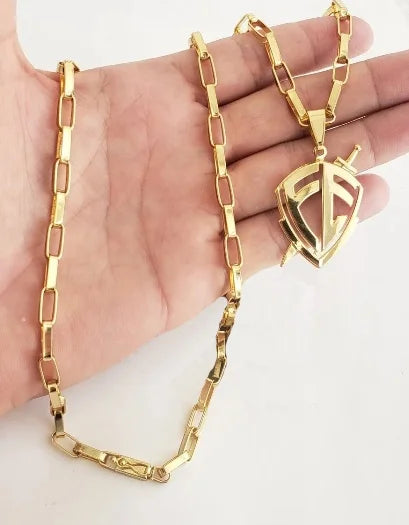 Cordão banhado a ouro 18K modelo tijolo 6mm com pingente fé