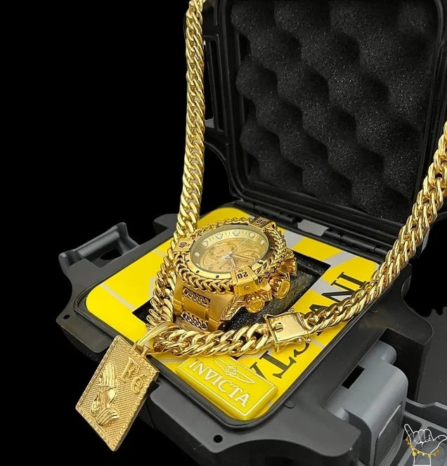 KIT RELÓGIO INVICTUS + CORRENTE (13mm) + PINGENTE-BANHADO A OURO 18K
