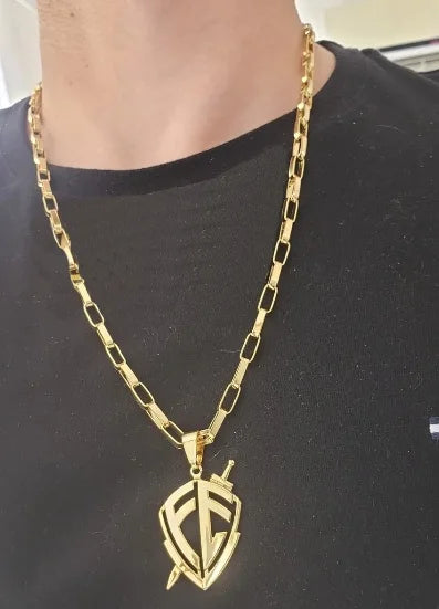 Cordão banhado a ouro 18K modelo tijolo 6mm com pingente fé