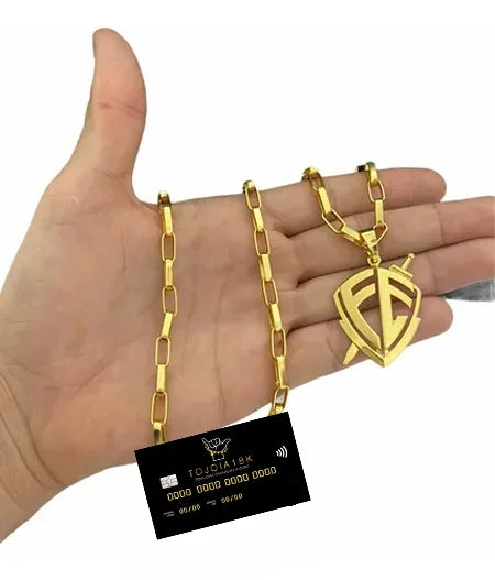 Cordão banhado a ouro 18K modelo tijolo 6mm com pingente fé